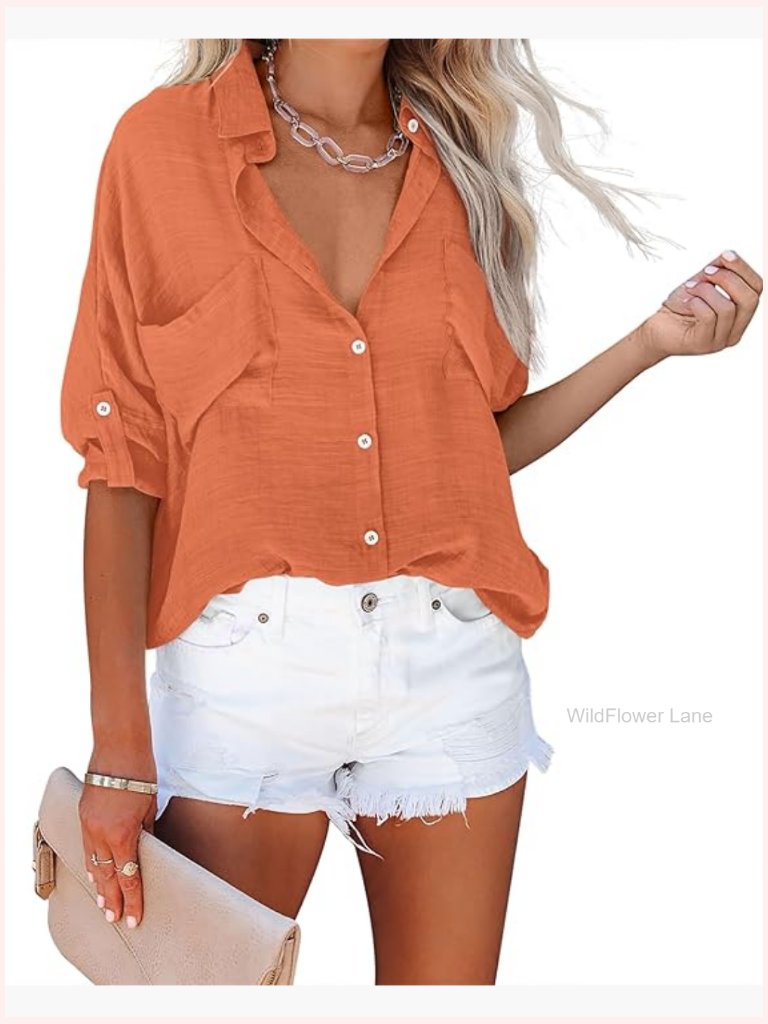 V-Neck Button Down Shirt With Pockets Long Sleeve Blouse